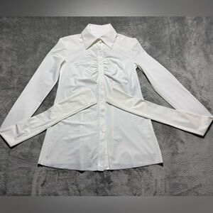 Maria Pinto Blouse Womens XS White Button Up Collar Ruched Extra Long Sleeve
